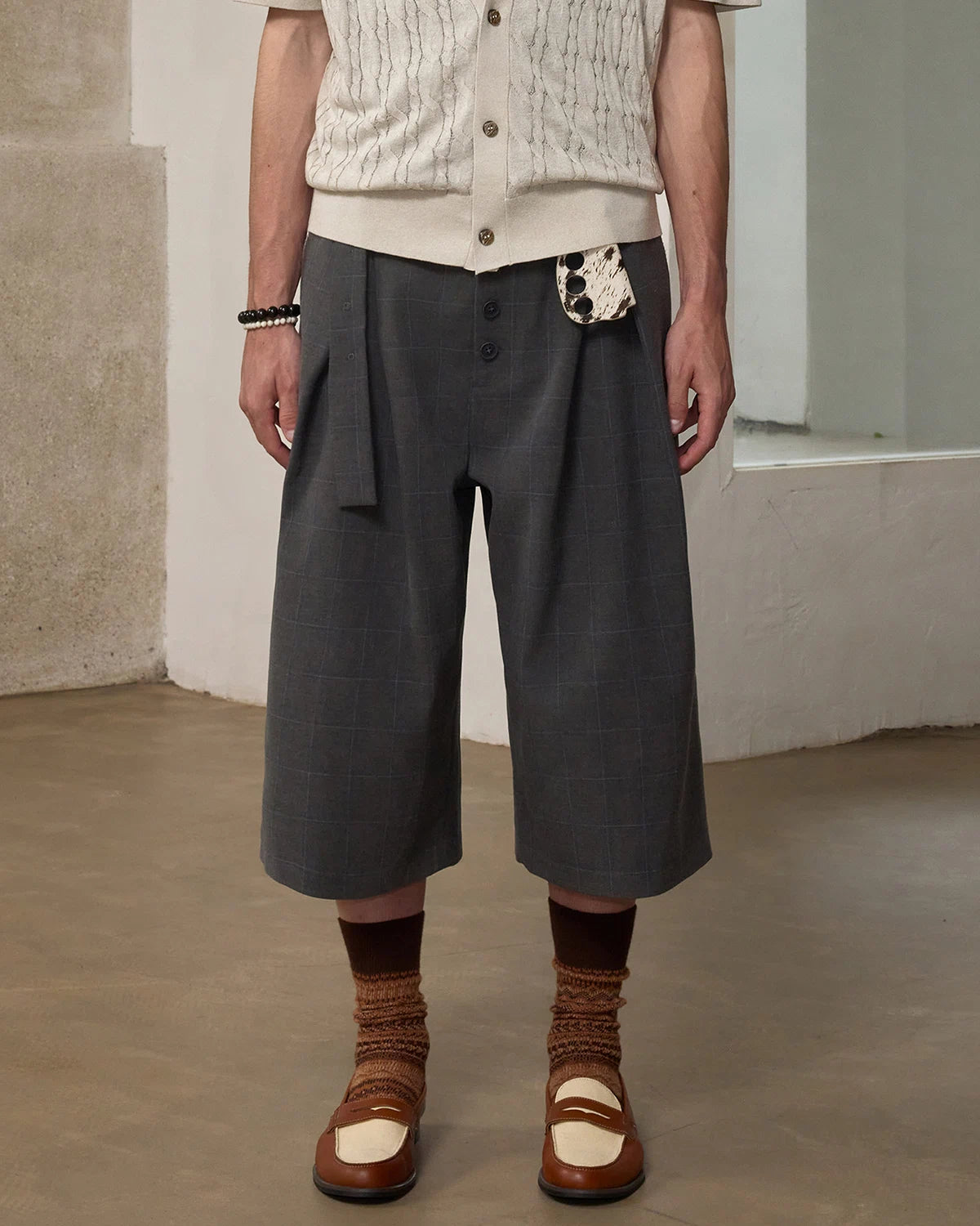 ZHABUXIAO Striped Ankle-Length Straight Belted Dress Pants Gray