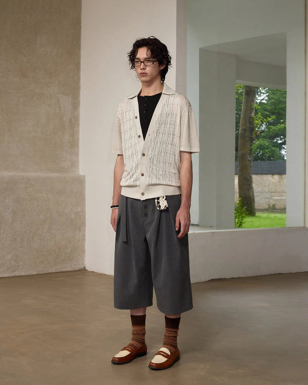 ZHABUXIAO Striped Ankle-Length Straight Belted Dress Pants Gray