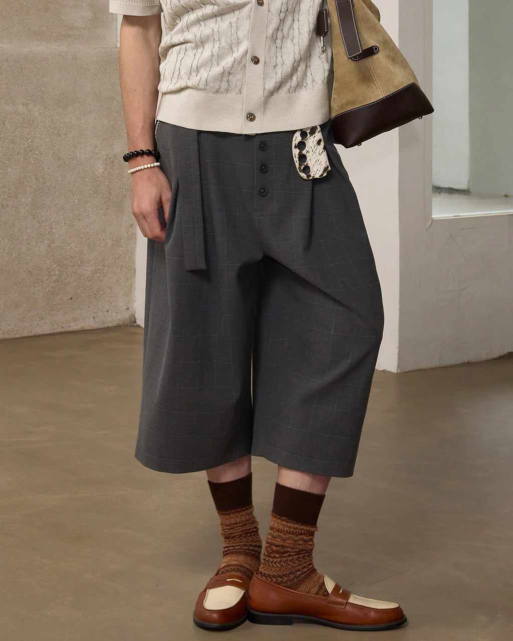 ZHABUXIAO Striped Ankle-Length Straight Belted Dress Pants Gray