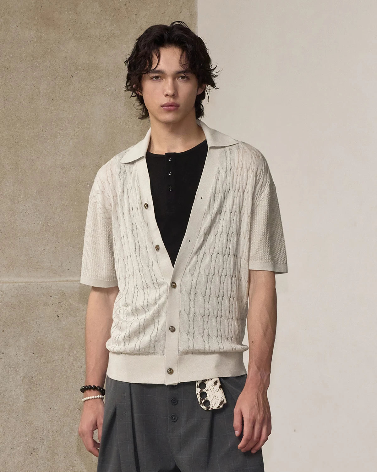 ZHABUXIAO Lyocell Hemp Breathable Textured Knit Cardigan Shirt Apricot