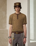 ZHABUXIAO Alpaca Mohair Henley Breathable Knit T-Shirt Brown