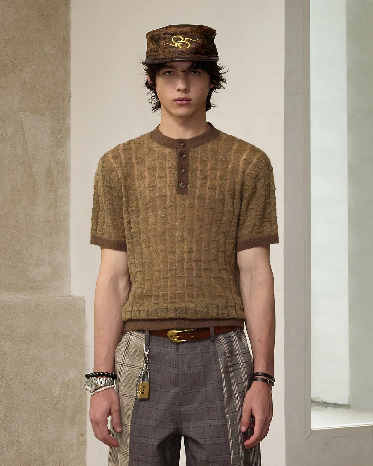 ZHABUXIAO Alpaca Mohair Henley Breathable Knit T-Shirt Brown