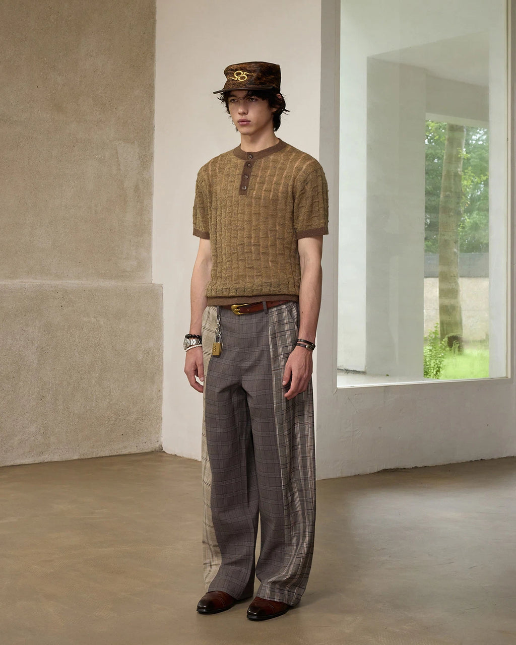 ZHABUXIAO Patchwork Plaid Wide Leg High Waist Trousers Dark Gray