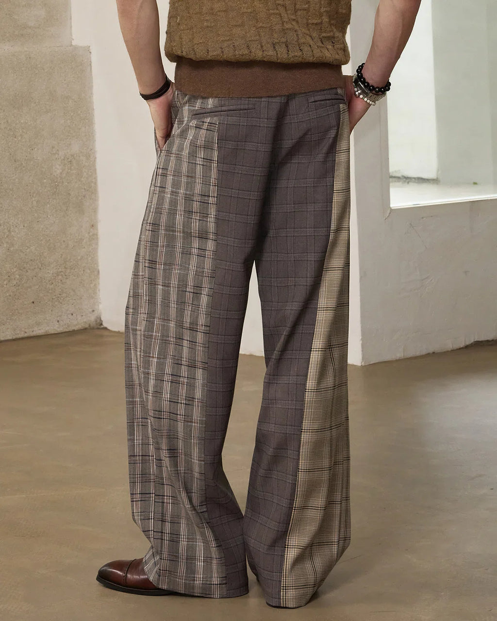 ZHABUXIAO Patchwork Plaid Wide Leg High Waist Trousers Dark Gray