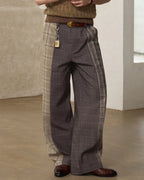 ZHABUXIAO Patchwork Plaid Wide Leg High Waist Trousers Dark Gray
