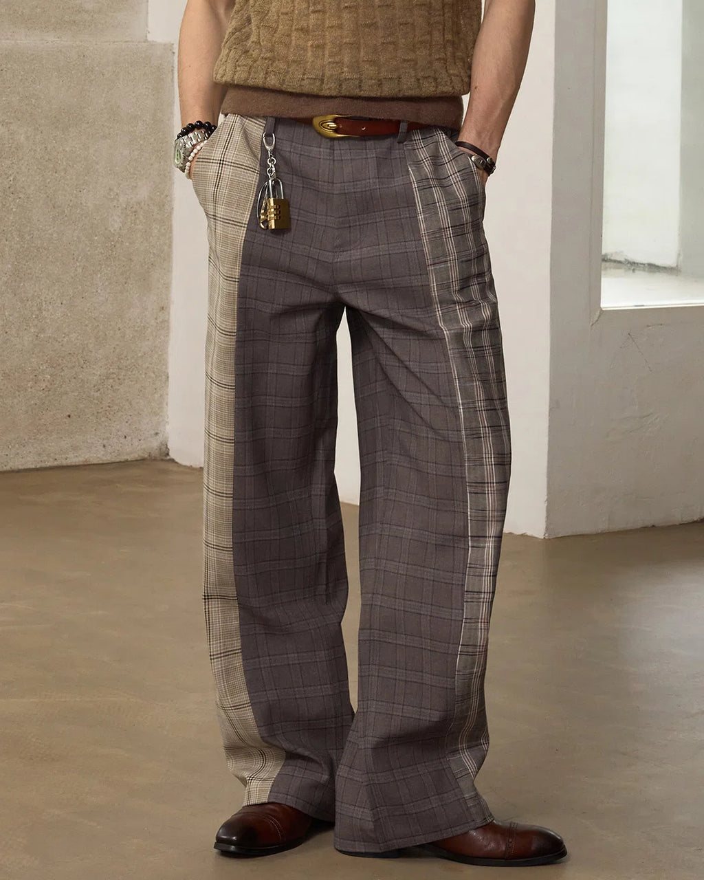 ZHABUXIAO Patchwork Plaid Wide Leg High Waist Trousers Dark Gray