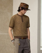 ZHABUXIAO Alpaca Mohair Henley Breathable Knit T-Shirt Brown