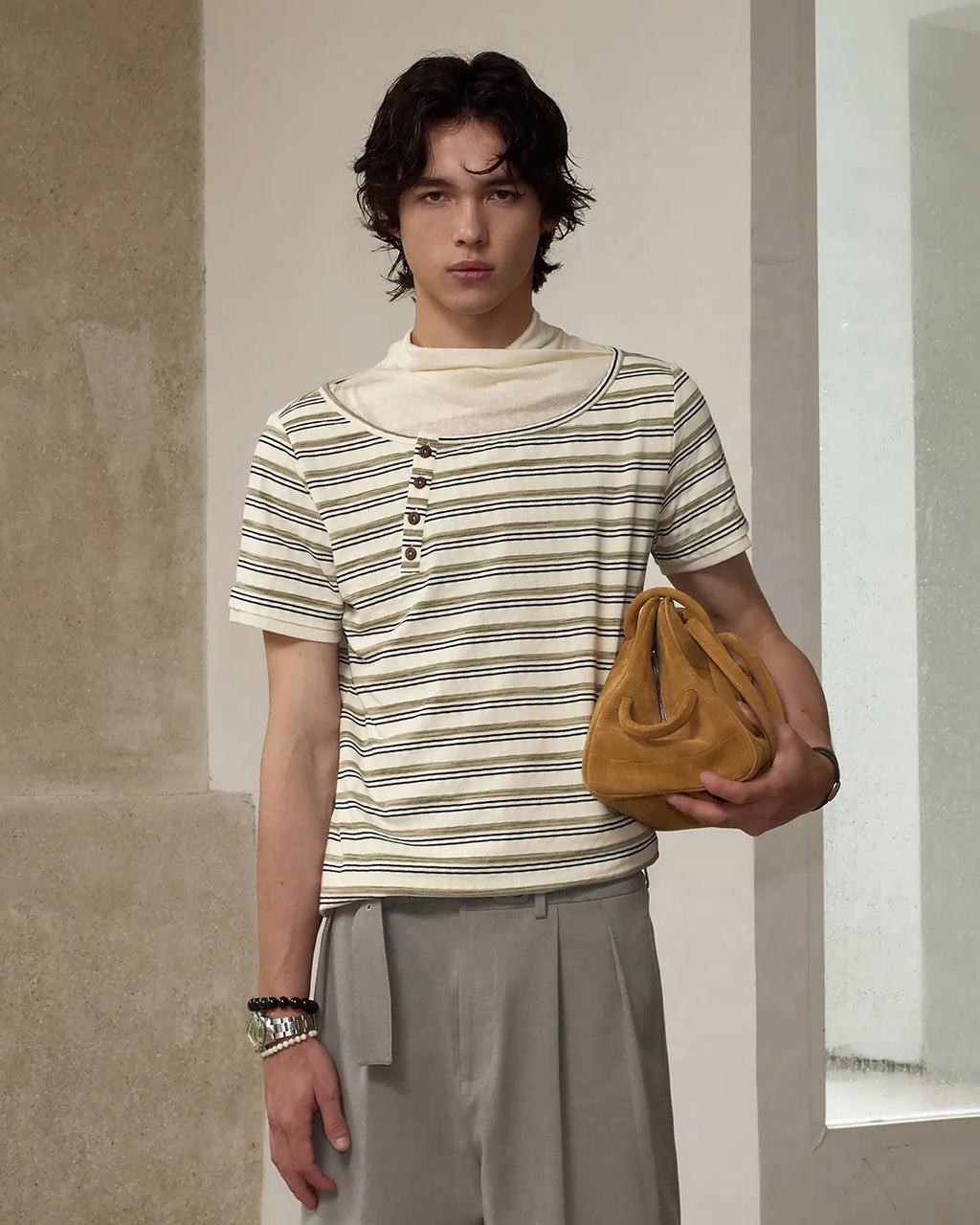 ZHABUXIAO Deconstructed Striped Lyocell Linen Knit T-Shirt Light Green