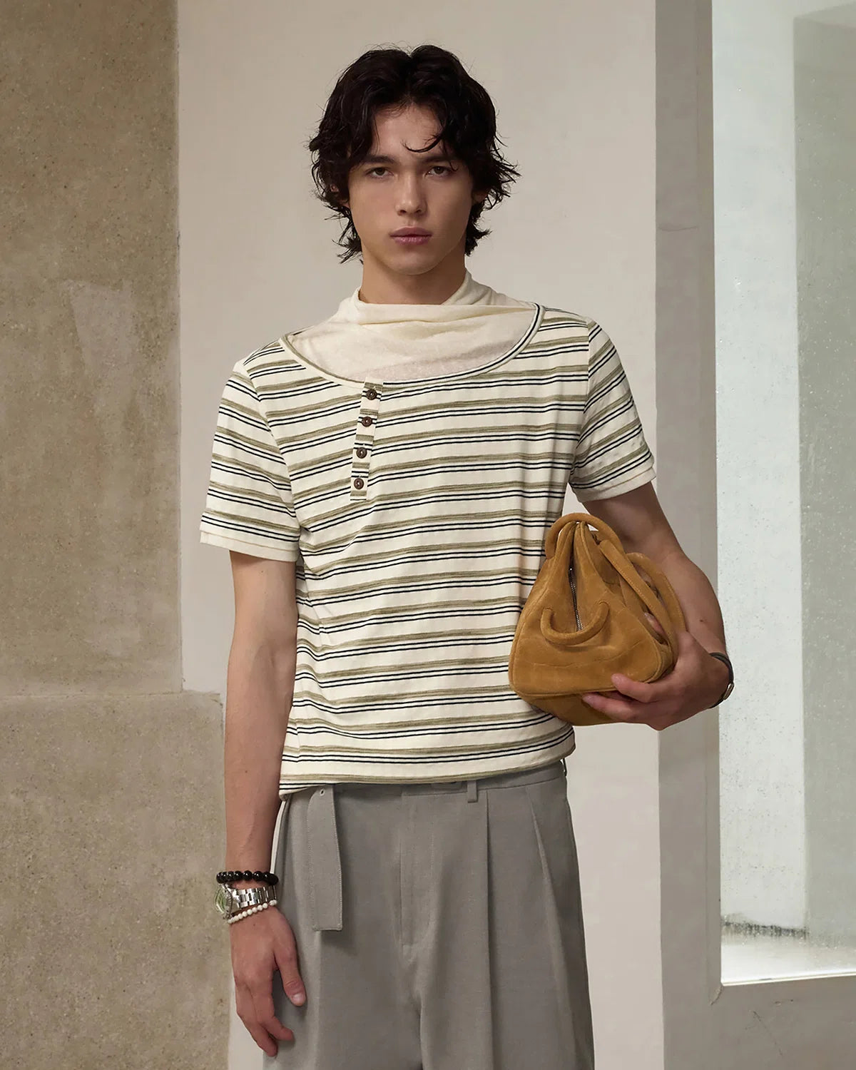 ZHABUXIAO Deconstructed Striped Lyocell Linen Knit T-Shirt Light Green