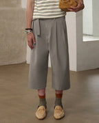 ZHABUXIAO Wool Blend Capri Straight Belted Tailored Dress Pants Gray & Khaki