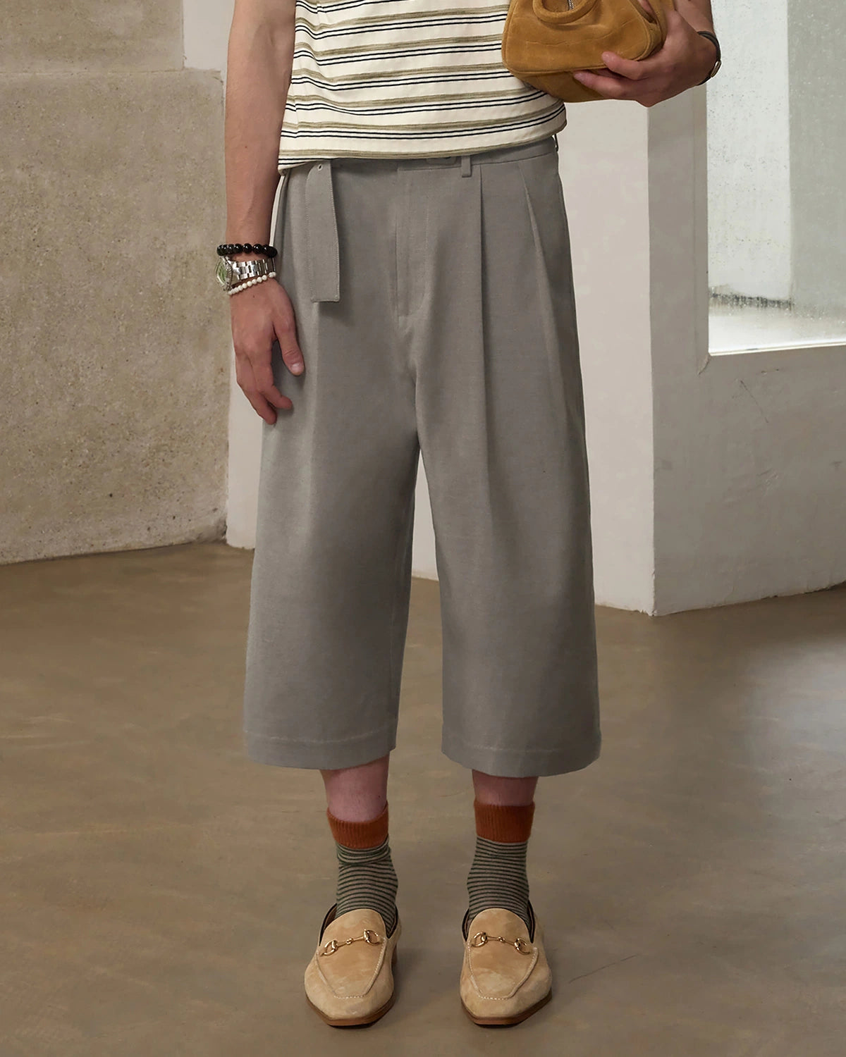 ZHABUXIAO Wool Blend Capri Straight Belted Tailored Dress Pants Gray & Khaki