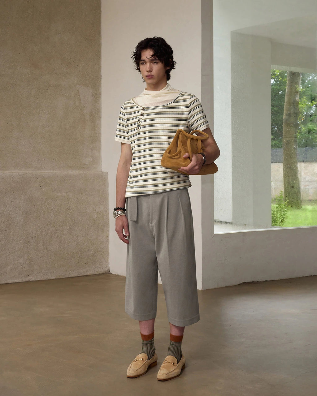 ZHABUXIAO Deconstructed Striped Lyocell Linen Knit T-Shirt Light Green