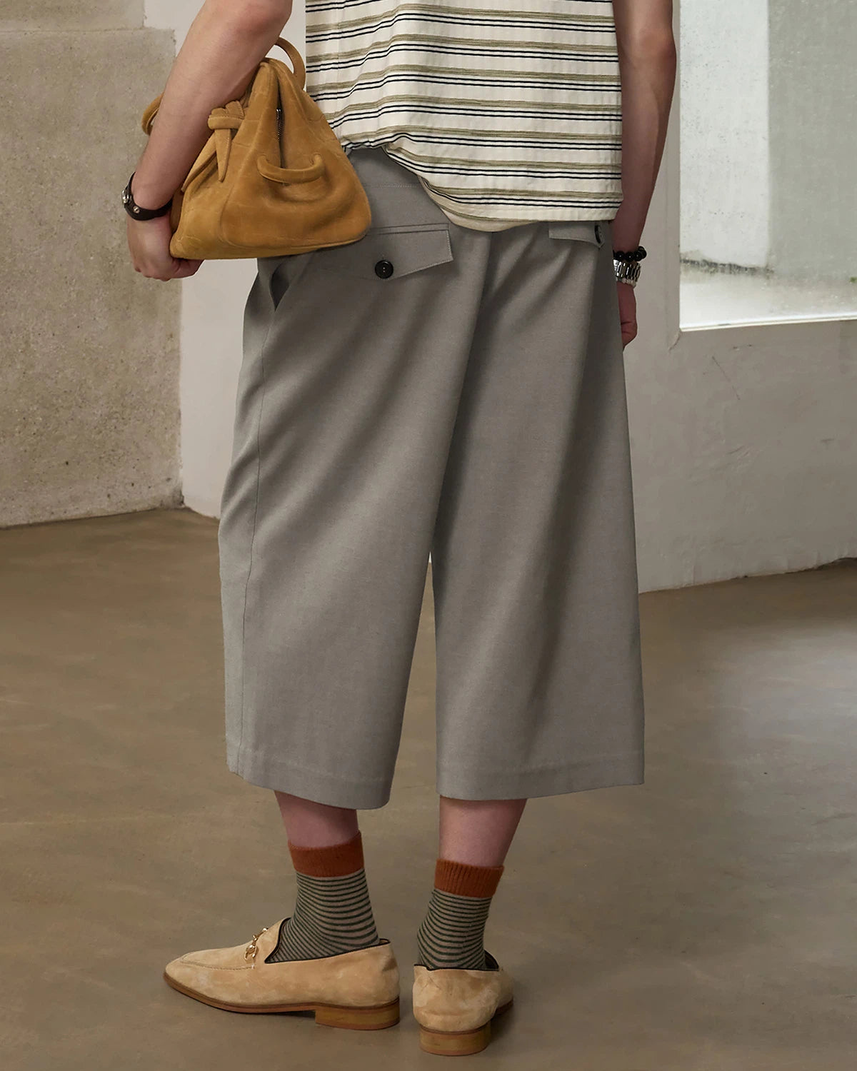 ZHABUXIAO Wool Blend Capri Straight Belted Tailored Dress Pants Gray & Khaki