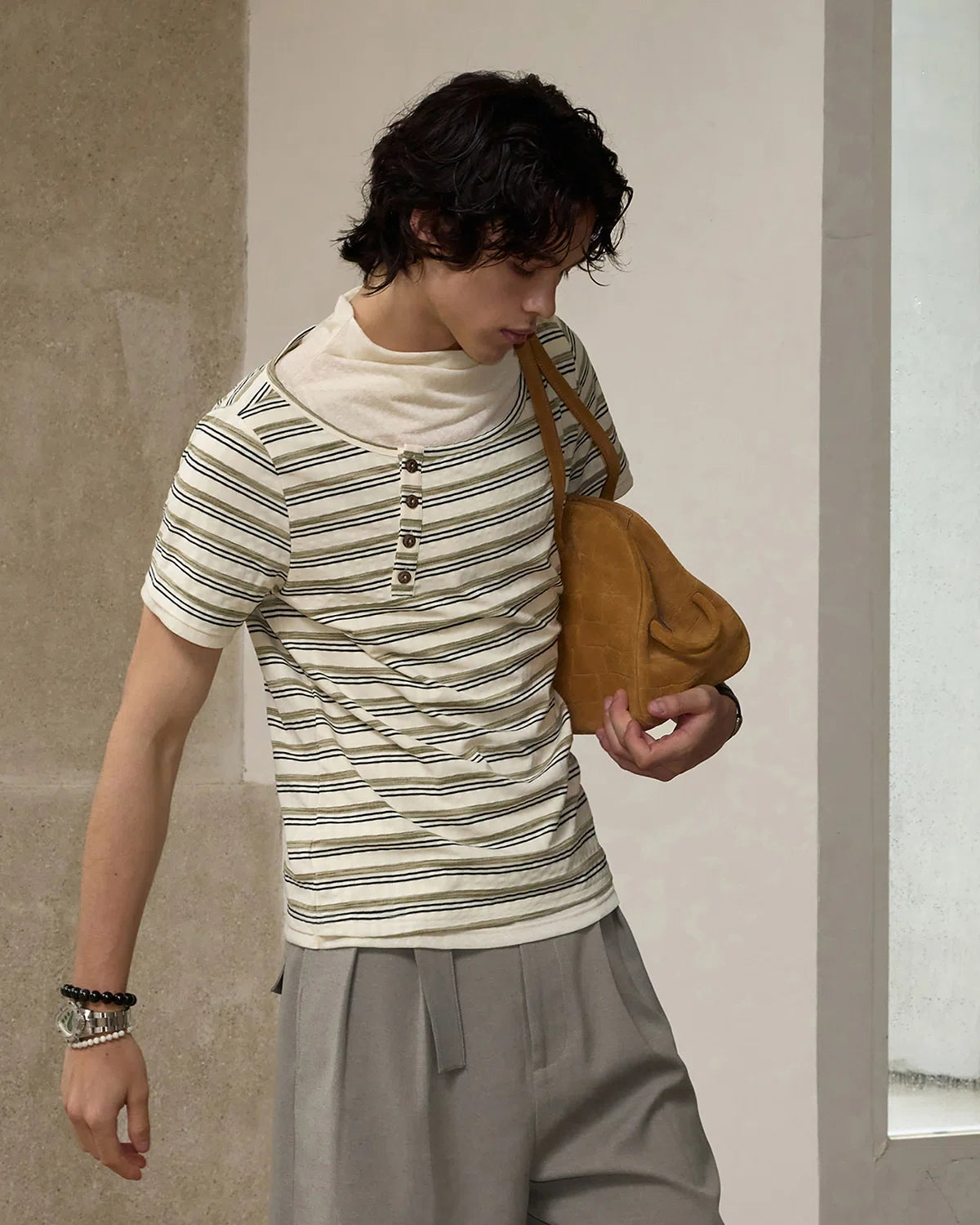 ZHABUXIAO Deconstructed Striped Lyocell Linen Knit T-Shirt Light Green
