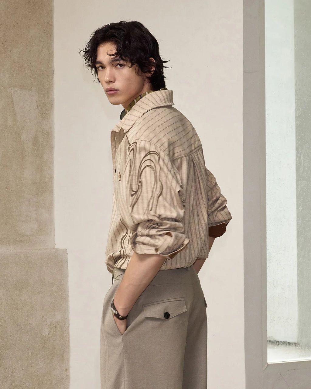 ZHABUXIAO Wave Print Striped Wool Wood Button Long Sleeve Shirt Brown