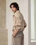 ZHABUXIAO Wave Print Striped Wool Wood Button Long Sleeve Shirt Brown