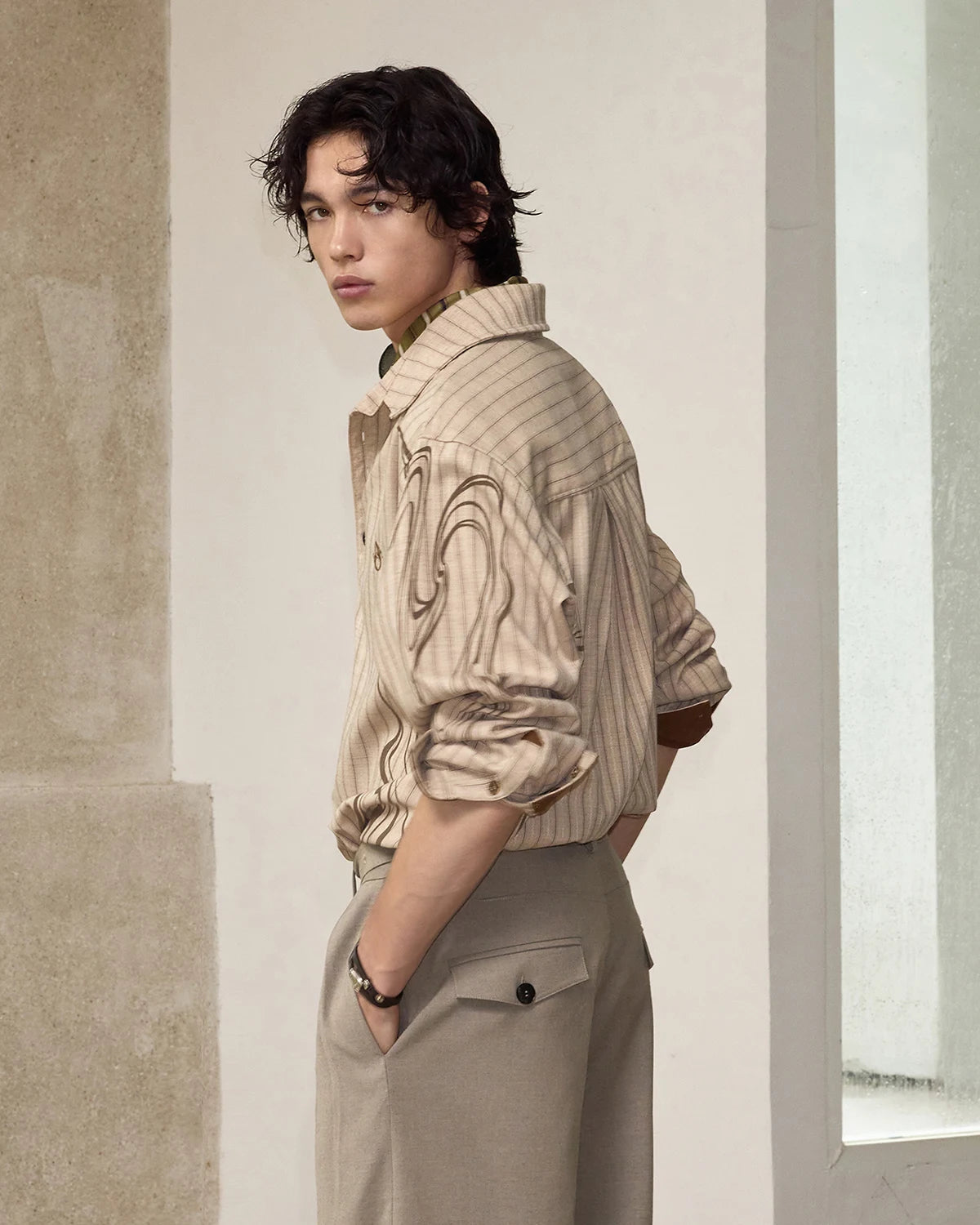 ZHABUXIAO Wave Print Striped Wool Wood Button Long Sleeve Shirt Brown