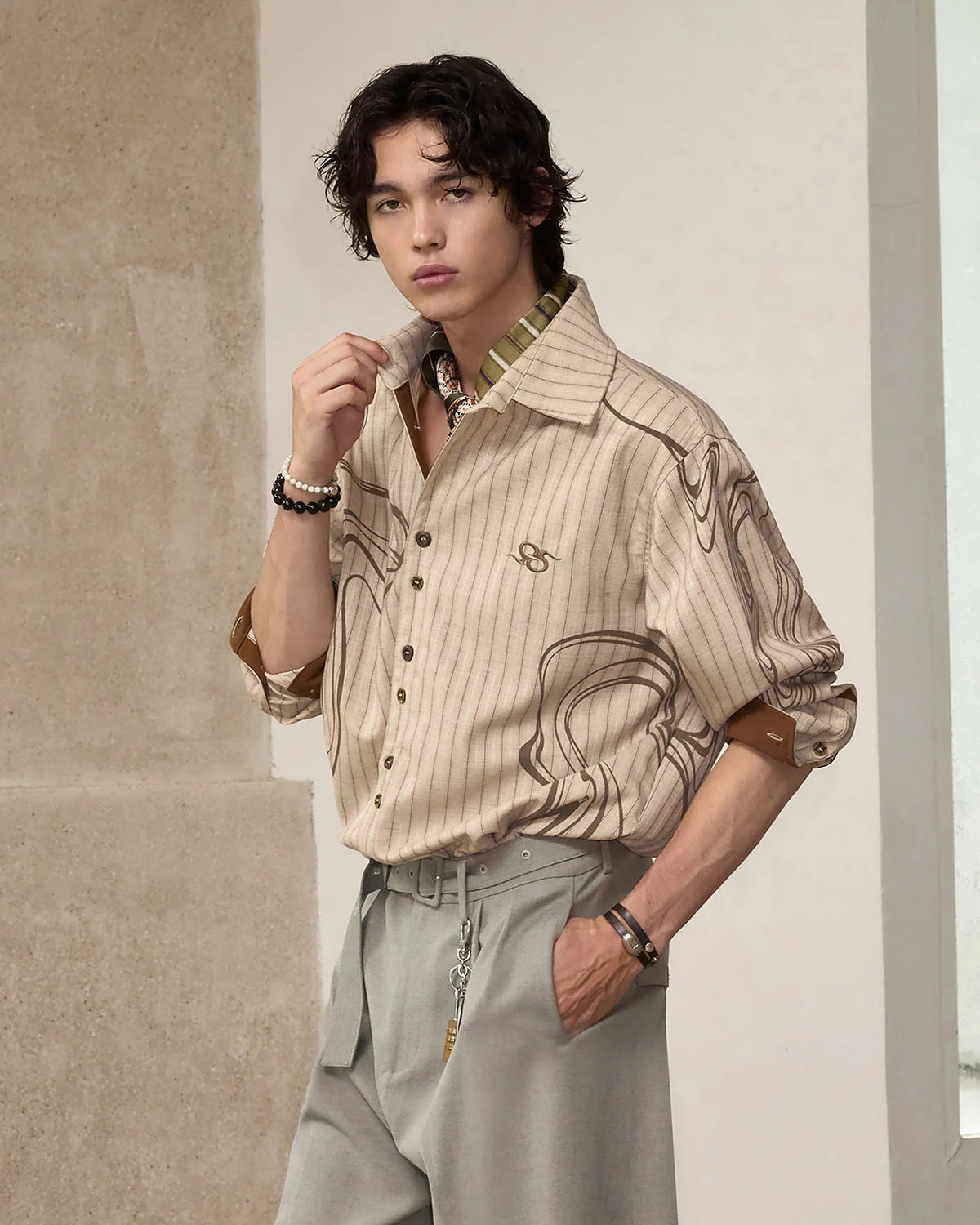 ZHABUXIAO Wave Print Striped Wool Wood Button Long Sleeve Shirt Brown