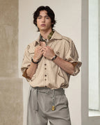ZHABUXIAO Wave Print Striped Wool Wood Button Long Sleeve Shirt Brown