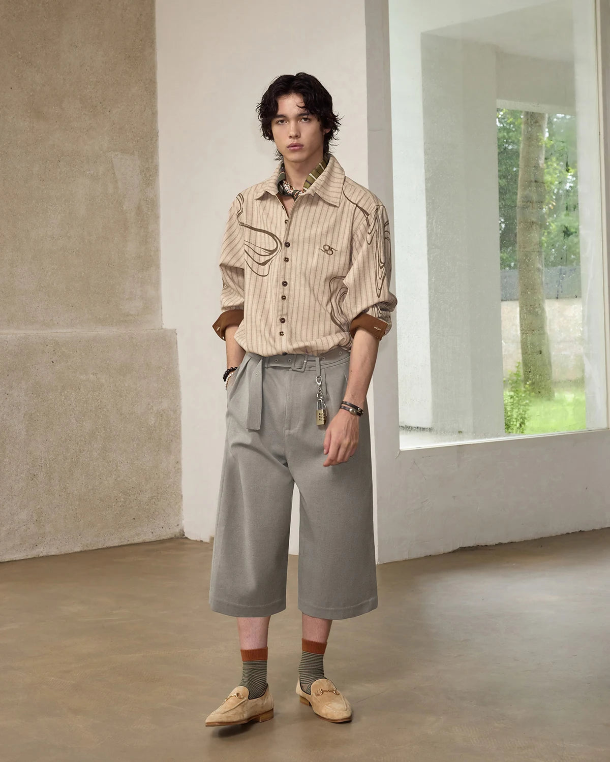 ZHABUXIAO Wave Print Striped Wool Wood Button Long Sleeve Shirt Brown
