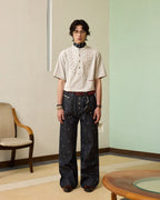ZHABUXIAO Pleated Striped Cotton Linen Embroidery Short Shirt Gray Blue