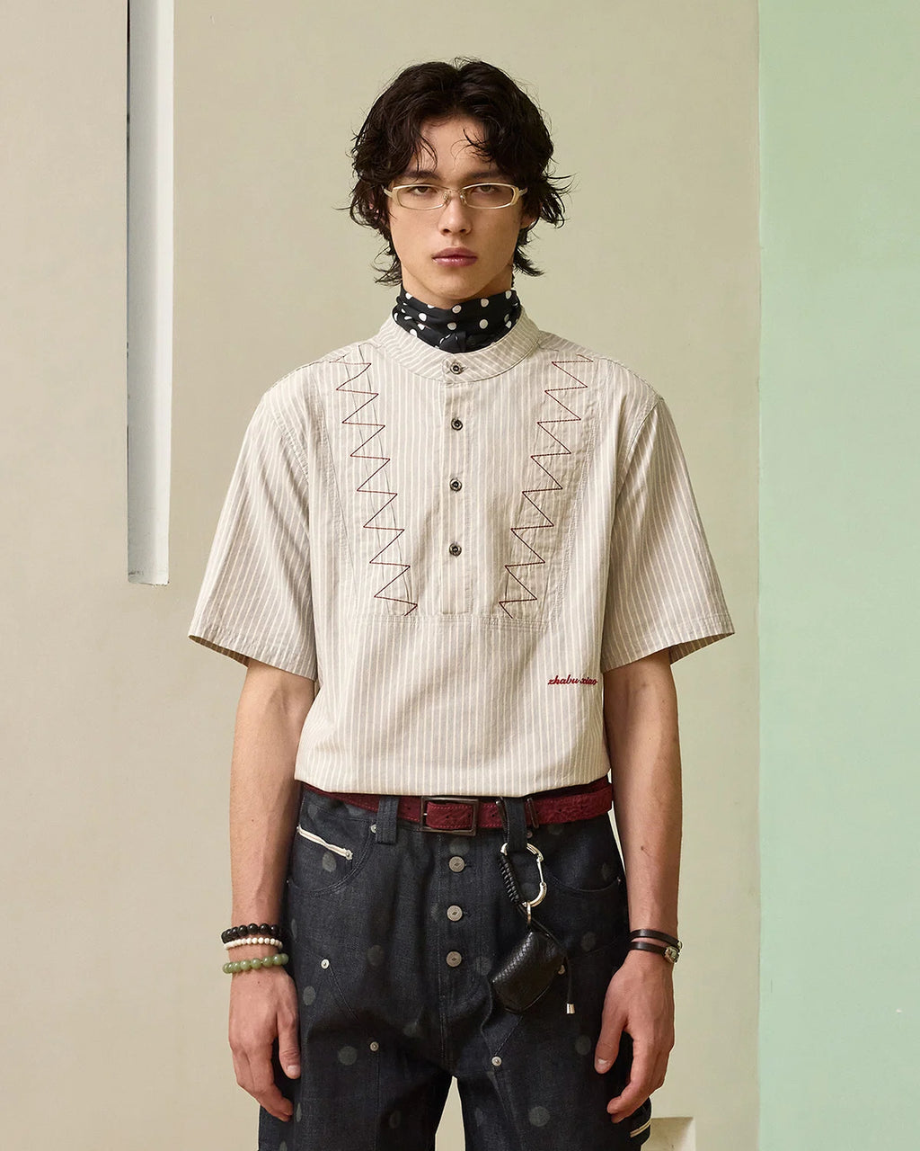 ZHABUXIAO Pleated Striped Cotton Linen Embroidery Short Shirt Gray Blue