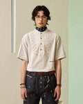ZHABUXIAO Pleated Striped Cotton Linen Embroidery Short Shirt Gray Blue