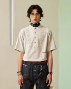 ZHABUXIAO Pleated Striped Cotton Linen Embroidery Short Shirt Gray Blue
