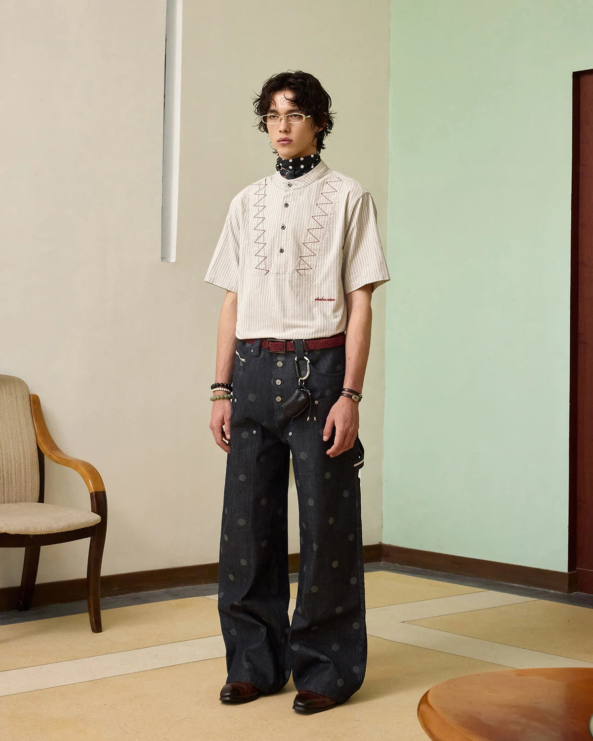 ZHABUXIAO Polka Dot Selvedge Wide Leg Denim Carpenter Jeans Blue