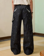 ZHABUXIAO Polka Dot Selvedge Wide Leg Denim Carpenter Jeans Blue