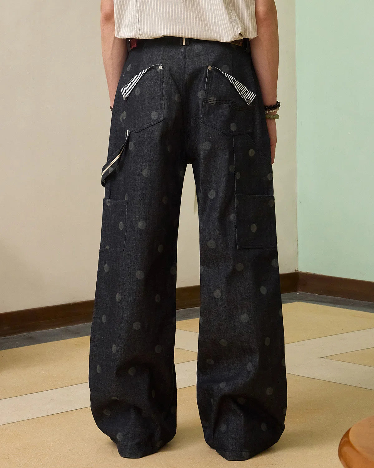 ZHABUXIAO Polka Dot Selvedge Wide Leg Denim Carpenter Jeans Blue