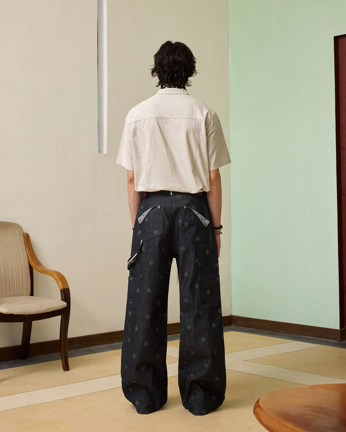 ZHABUXIAO Polka Dot Selvedge Wide Leg Denim Carpenter Jeans Blue