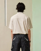 ZHABUXIAO Pleated Striped Cotton Linen Embroidery Short Shirt Gray Blue