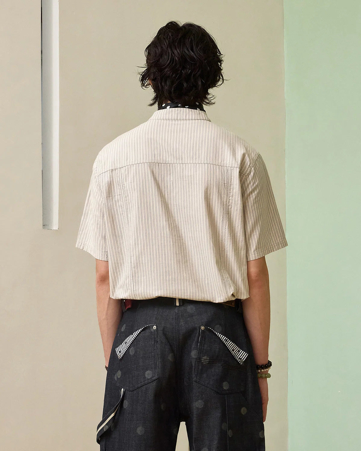 ZHABUXIAO Pleated Striped Cotton Linen Embroidery Short Shirt Gray Blue