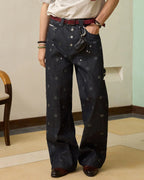 ZHABUXIAO Polka Dot Selvedge Wide Leg Denim Carpenter Jeans Blue