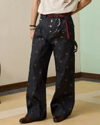 ZHABUXIAO Polka Dot Selvedge Wide Leg Denim Carpenter Jeans Blue