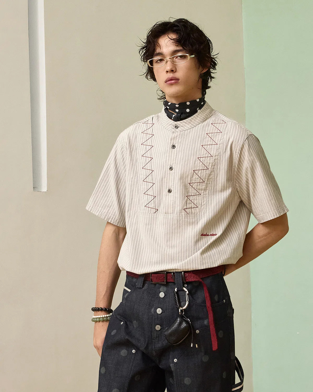 ZHABUXIAO Pleated Striped Cotton Linen Embroidery Short Shirt Gray Blue