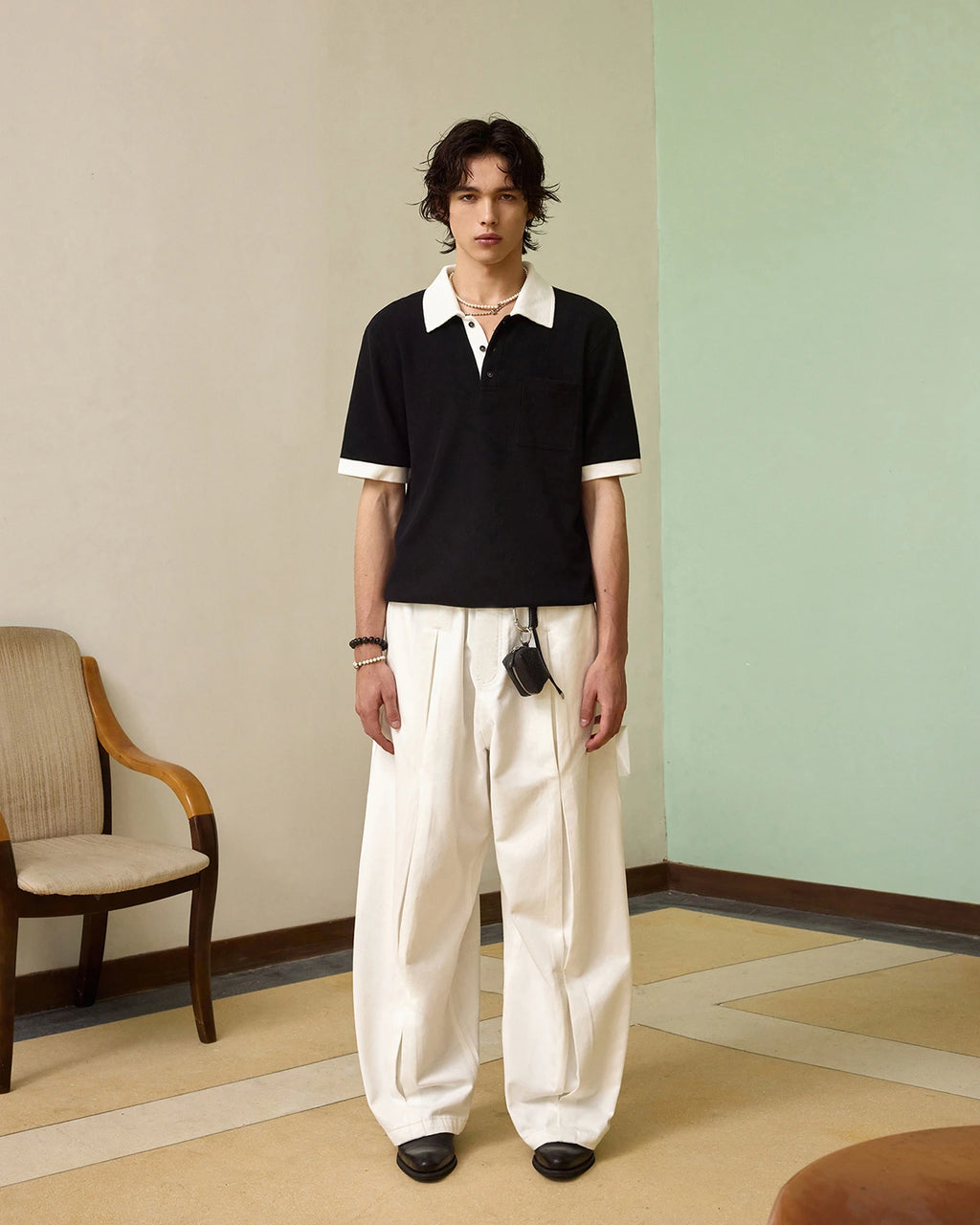ZHABUXIAO Embroidered Polka Dot Curved Wide Leg Trousers White