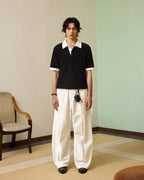 ZHABUXIAO Embroidered Polka Dot Curved Wide Leg Trousers White