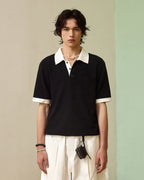ZHABUXIAO Waffle Knit Contrast Colorblock Casual Polo Shirt Black