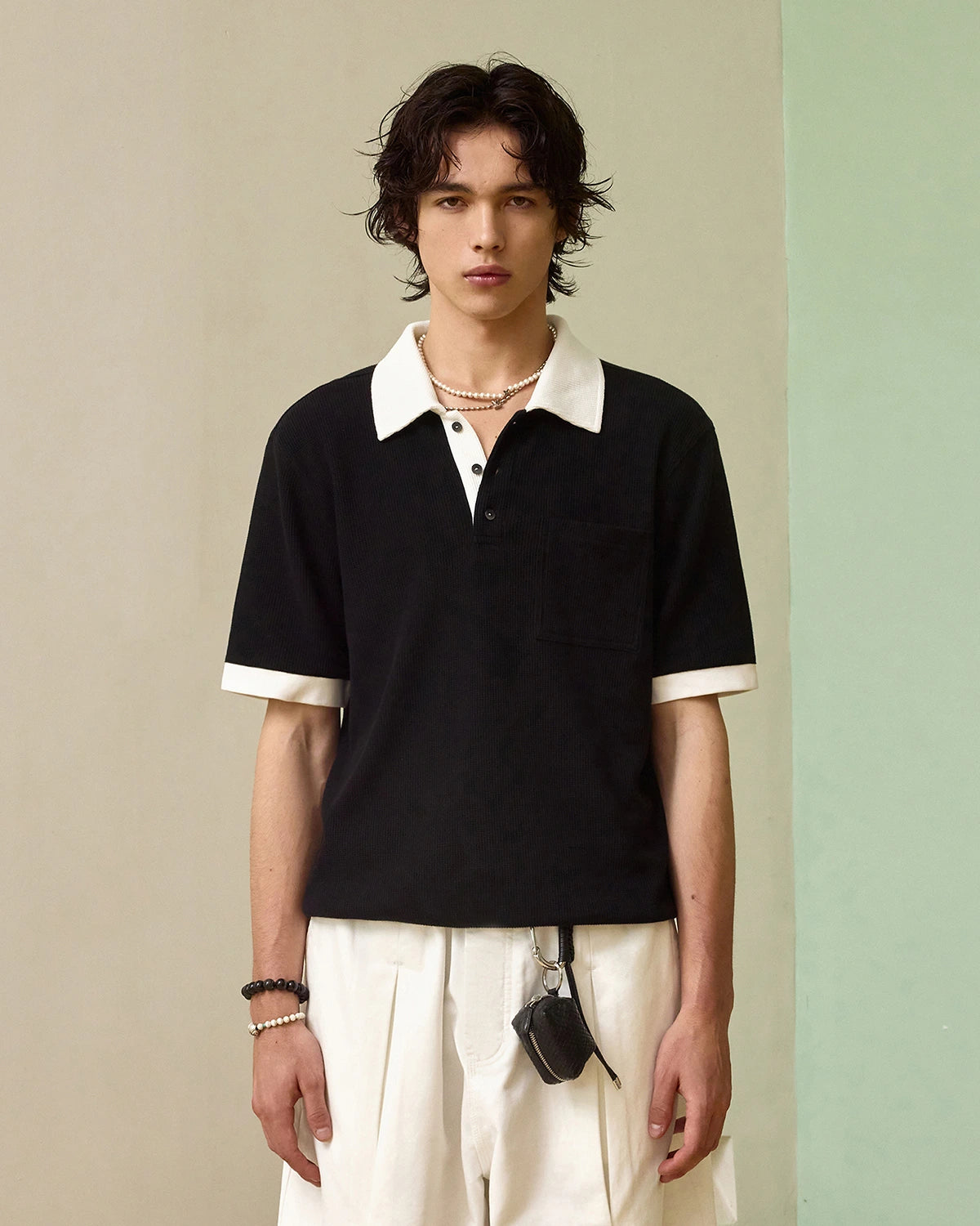 ZHABUXIAO Waffle Knit Contrast Colorblock Casual Polo Shirt Black