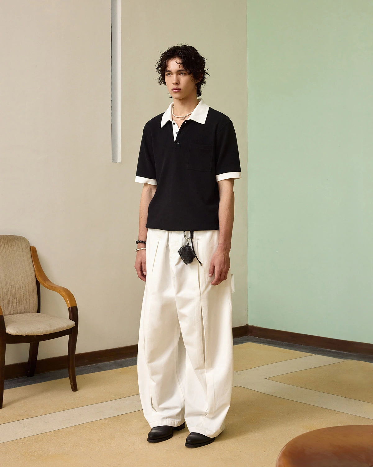 ZHABUXIAO Embroidered Polka Dot Curved Wide Leg Trousers White