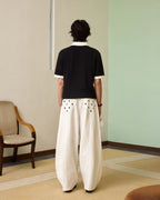 ZHABUXIAO Embroidered Polka Dot Curved Wide Leg Trousers White