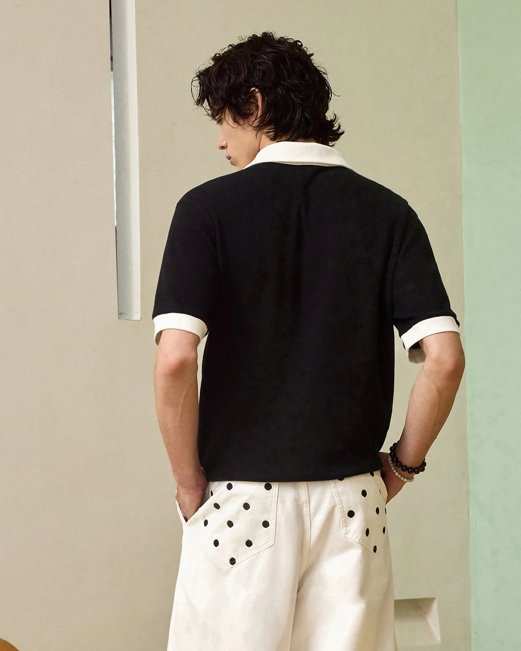 ZHABUXIAO Waffle Knit Contrast Colorblock Casual Polo Shirt Black