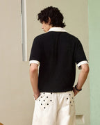 ZHABUXIAO Waffle Knit Contrast Colorblock Casual Polo Shirt Black
