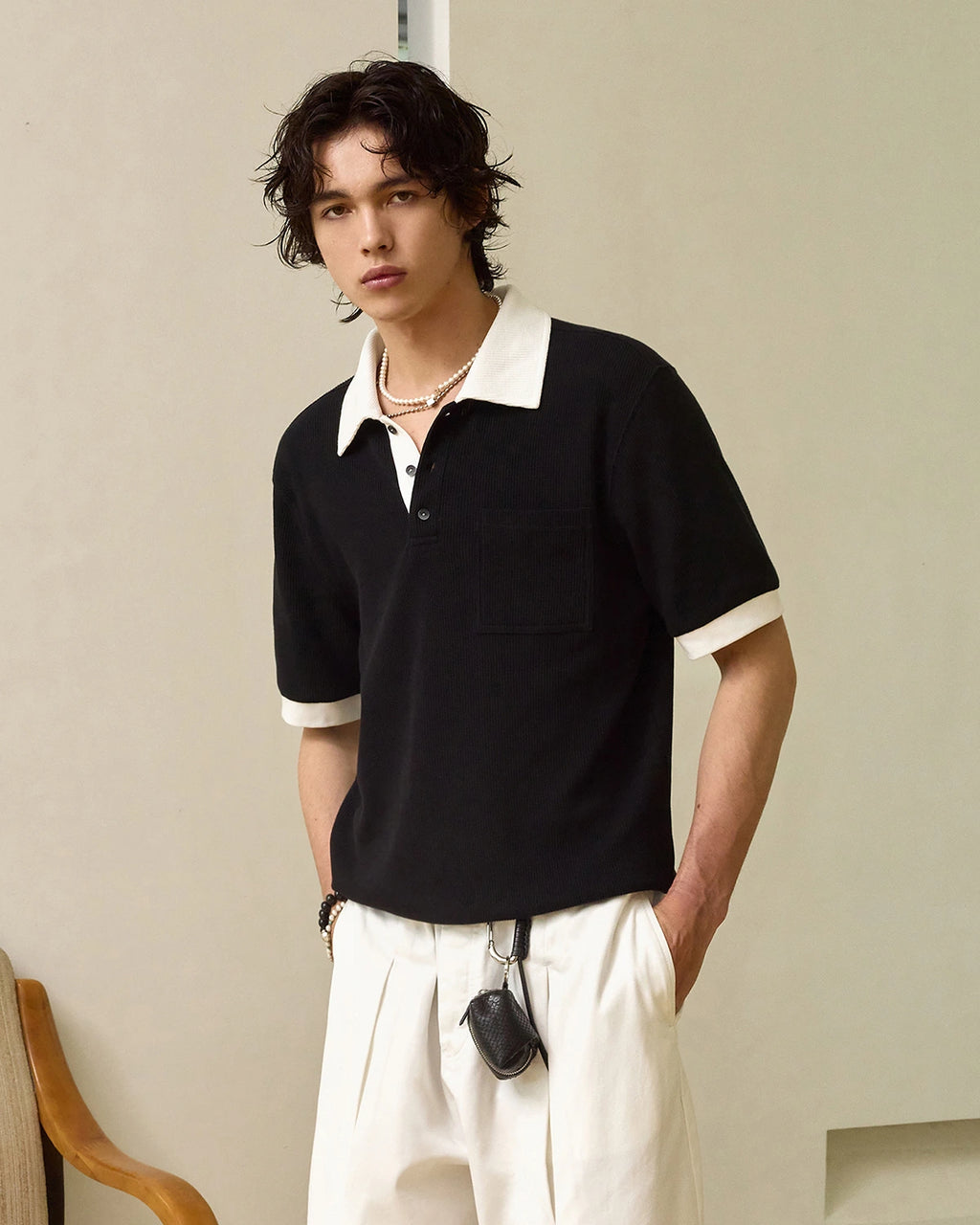 ZHABUXIAO Waffle Knit Contrast Colorblock Casual Polo Shirt Black