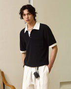 ZHABUXIAO Waffle Knit Contrast Colorblock Casual Polo Shirt Black