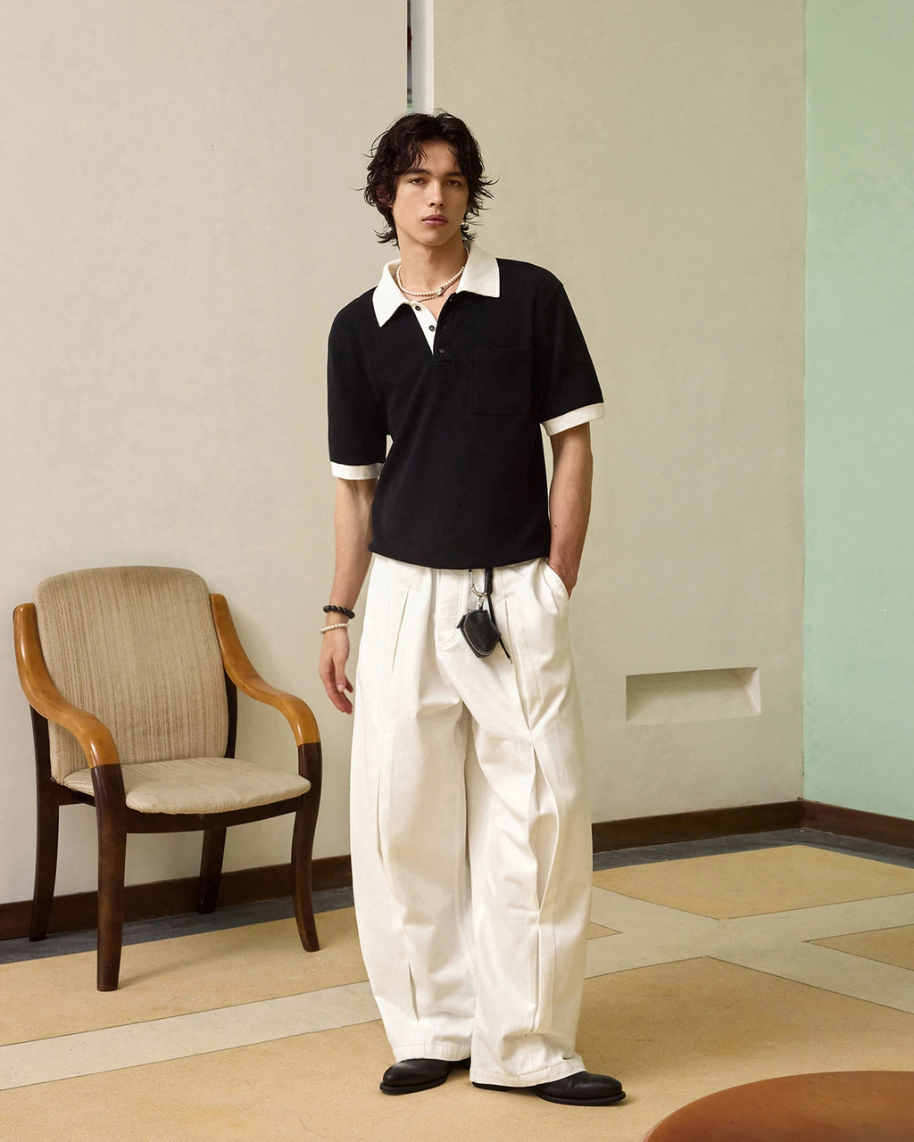 ZHABUXIAO Waffle Knit Contrast Colorblock Casual Polo Shirt Black