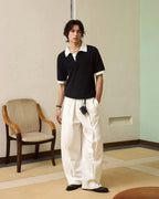 ZHABUXIAO Waffle Knit Contrast Colorblock Casual Polo Shirt Black