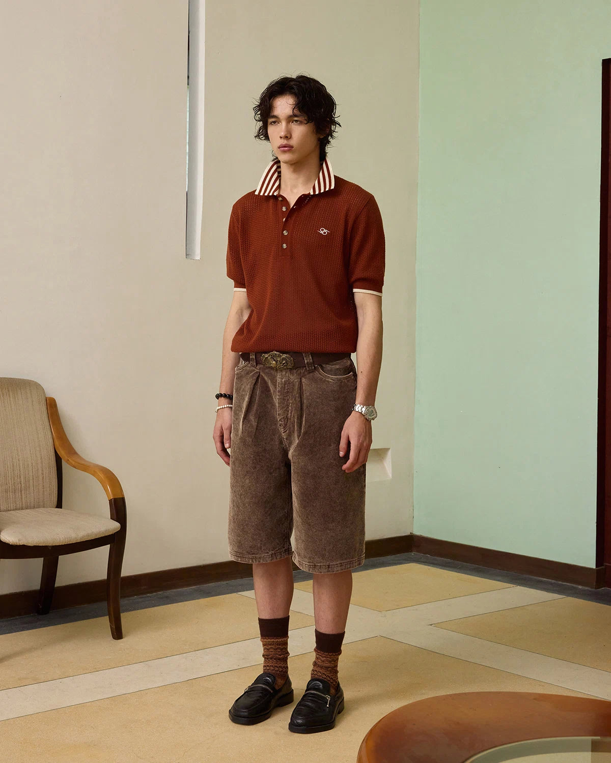 ZHABUXIAO Lightweight Wool Blend Mesh Striped Casual Polo Red